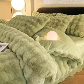 Plush Four-piece Set Milk Fiber Thickened Thermal Coral Fleece (Option: Matcha Green-200cm Bed Sheet Four Piece Set)